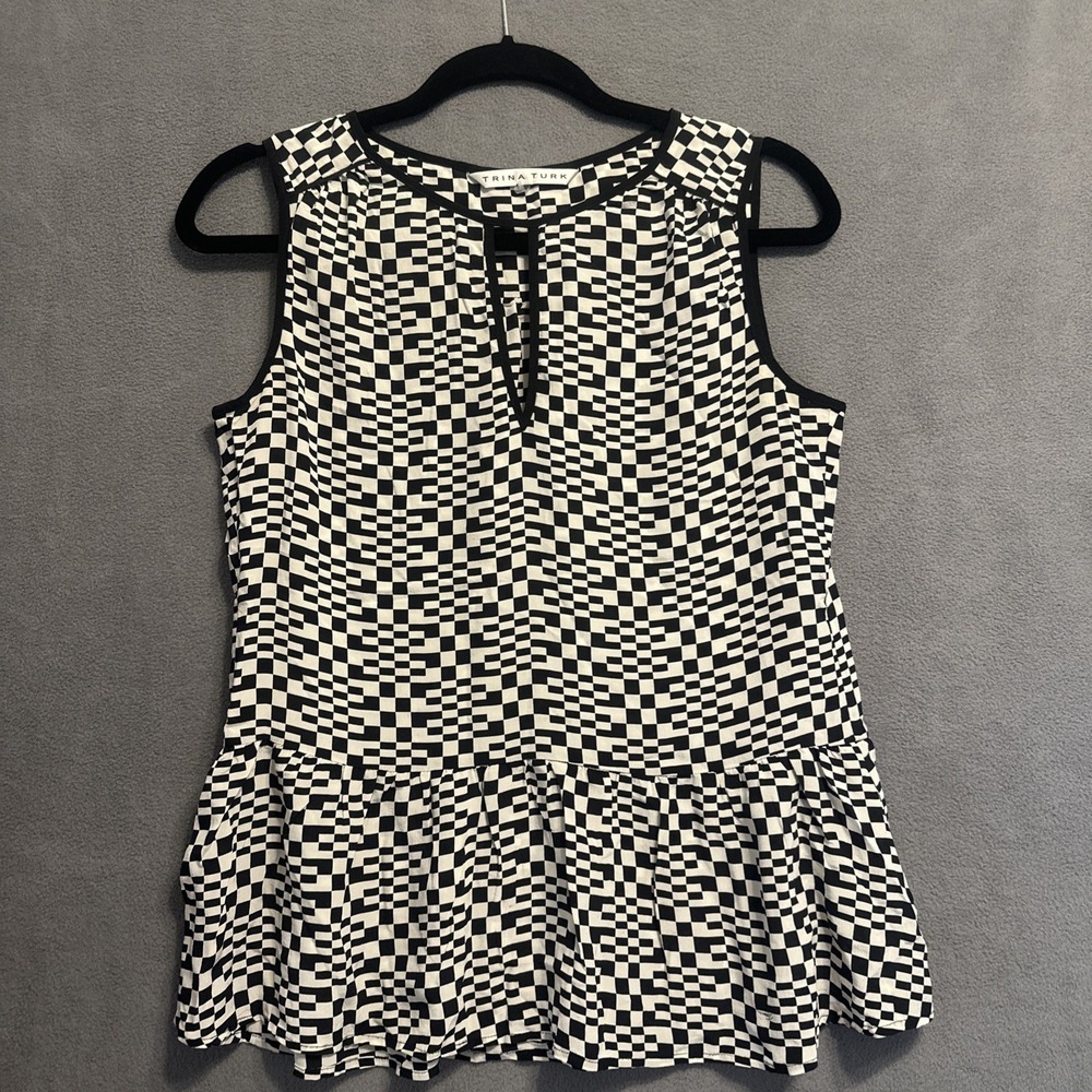 Trina Turk Tank Top Womens M Black Geometric Silk Peplum Keyhole 149202